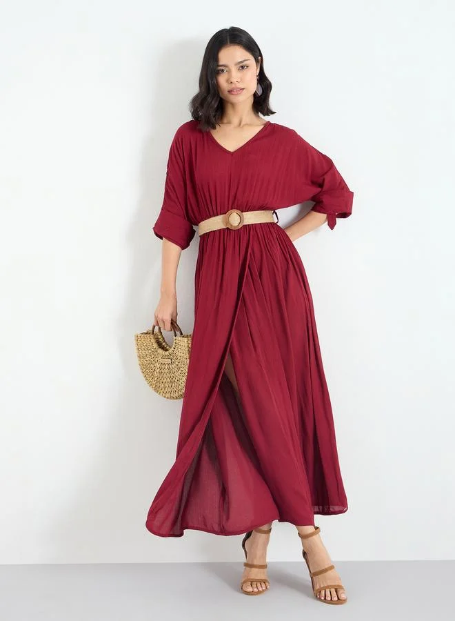 Styli Styli Burgundy Belted Maxi Dress