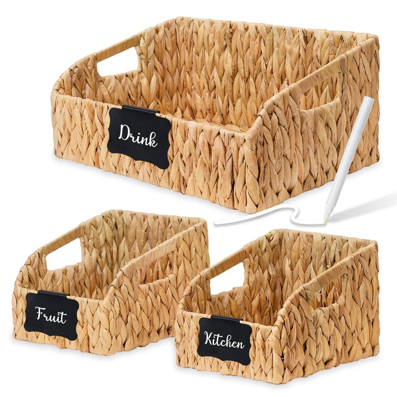 Stylave Pantry Organizers and Storage Baskets for Organizing with Handles, Large Wicker Storage Baskets for Shelves, Laundry-Water Hyacinth Storage Bins, Boho Decorative, 3Pack,Natural - Image 1