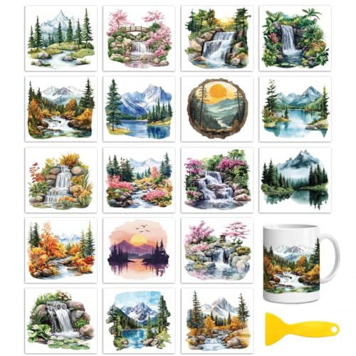 Peacoblue 18 Sheets Rub on Transfers for Crafts, Landscape 3.6"x3.9" UV DTF Cup Wraps Waterproof Rub on Cold Transfers Stickers for Wood Glass Metal Cup Tumblers Mirrors Mugs Home Decor - Image 1
