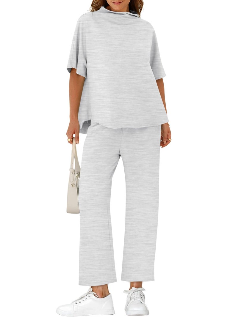 Yousify Women's Two Piece Sets 3/4 Batwing Sleeve Capelet Crew Neck Pullover Top Wide Leg Pants 2 Piece Lounge Set Travel Outfits - Image 1