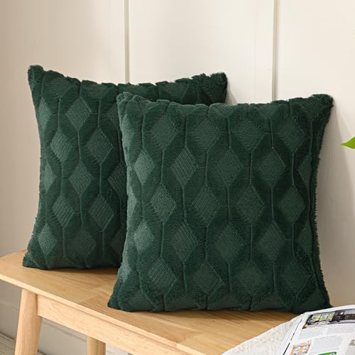 Volcanics Pack of 2 Faux Wool Throw Pillow Covers 20x20 Inches Decorative Farmhouse Velvet Couch Pillow Case Soft Plush Square Boho Cushion Pillowcase, Dark Green - Image 2