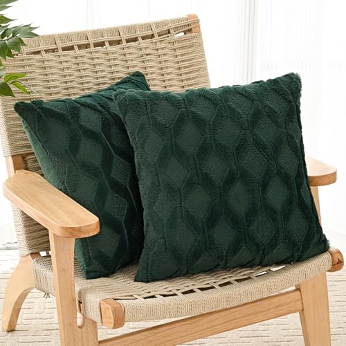 Volcanics Pack of 2 Faux Wool Throw Pillow Covers 20x20 Inches Decorative Farmhouse Velvet Couch Pillow Case Soft Plush Square Boho Cushion Pillowcase, Dark Green - Image 3