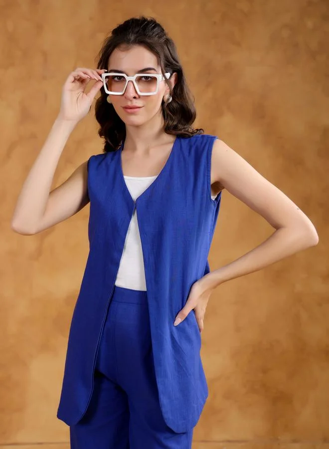 sanskrutihomes Sanskrutihomes Women Blue Solid Open Front Jacket and Pants Co-Ords