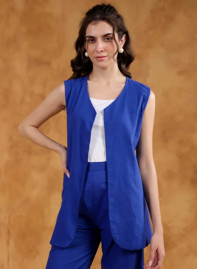 sanskrutihomes Sanskrutihomes Women Blue Solid Open Front Jacket and Pants Co-Ords