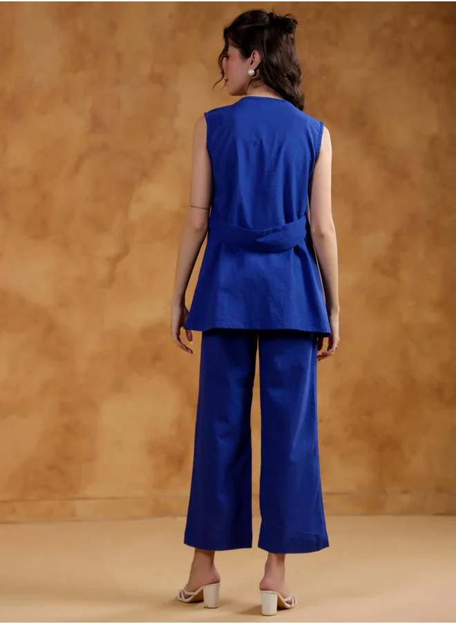 sanskrutihomes Sanskrutihomes Women Blue Solid Open Front Jacket and Pants Co-Ords