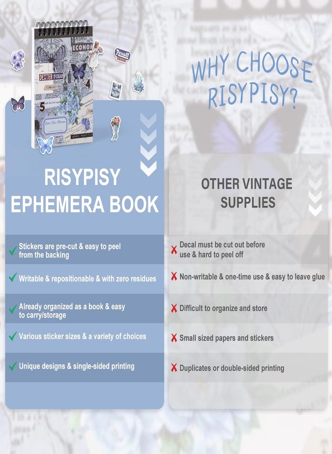 RISYPISY كتاب ملصقات واشي عتيقة مقطوعة مسبقًا من RISYPISY لأعمال السكرابوكينغ - 50 ورقة ملصقات زرقاء للتدوين، ومستلزمات دفتر القصاصات، وأعمال يدوية، وألبومات فنية، 473 قطعة - Image 4