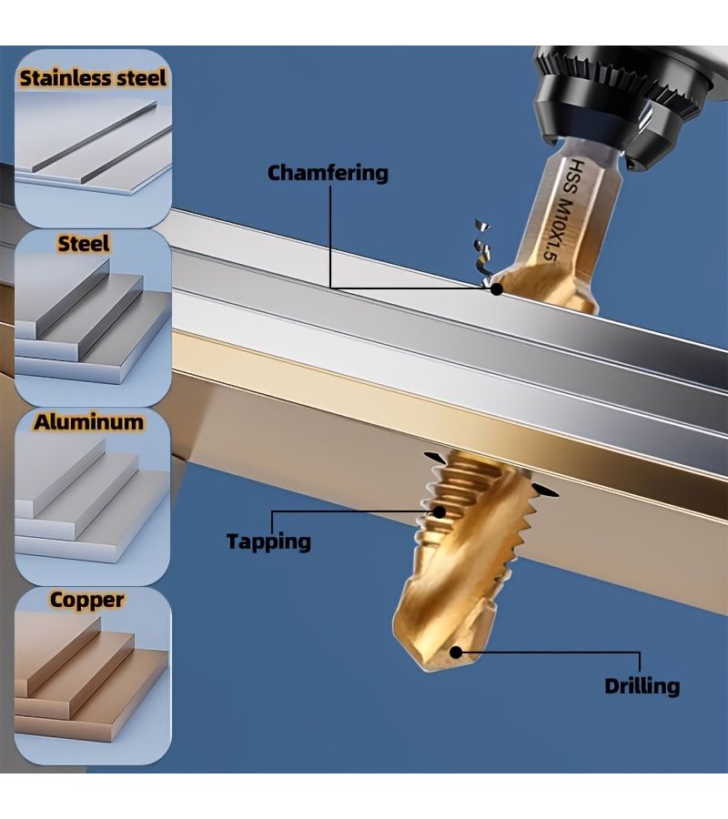 12pcs Coated Drill Bit and Tap Set M3 M10 Metric Sizes 1 4 Inch Hex Shank High Speed Steel Carbon Steel Material Screw Extractor Kit For Efficient Drilling And Tapping - Image 2