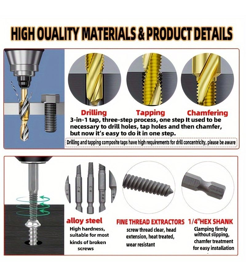 12pcs Coated Drill Bit and Tap Set M3 M10 Metric Sizes 1 4 Inch Hex Shank High Speed Steel Carbon Steel Material Screw Extractor Kit For Efficient Drilling And Tapping - Image 5