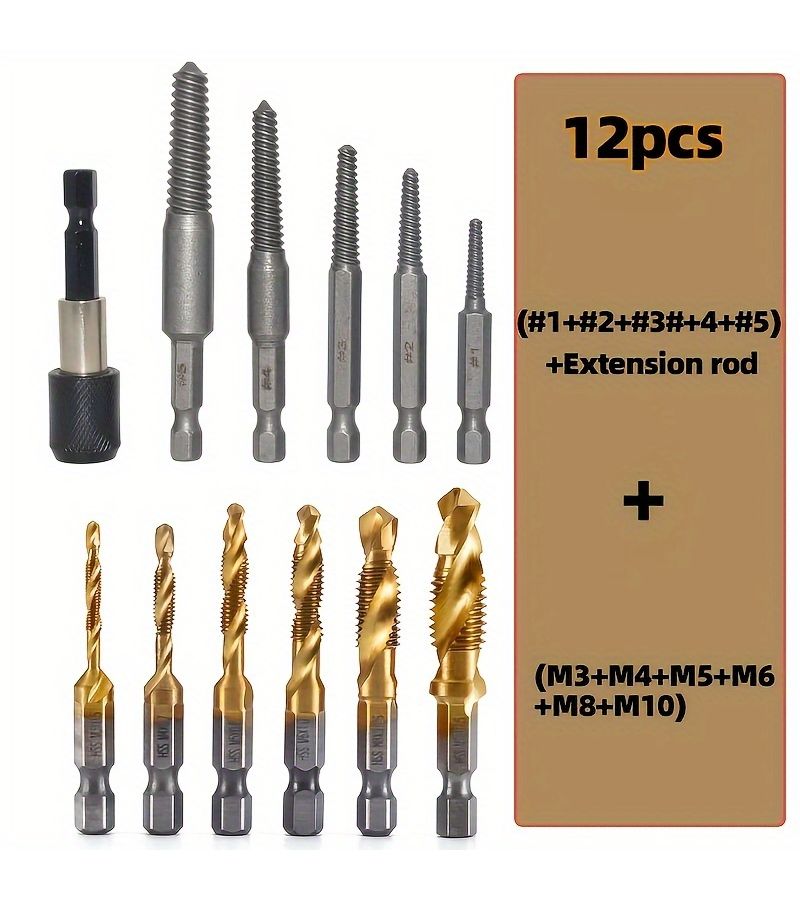 12pcs Coated Drill Bit and Tap Set M3 M10 Metric Sizes 1 4 Inch Hex Shank High Speed Steel Carbon Steel Material Screw Extractor Kit For Efficient Drilling And Tapping - Image 3