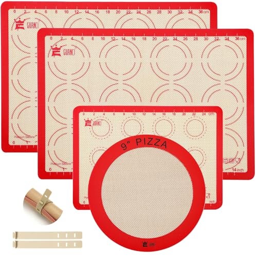 GUANCI Silicone Baking Mat Set of 4, 2 Medium 16.5"x11.6", 1 Small 11.8"x8.4", 1 Piece 9" Round, All Mats 0.7mm Thick, Food Grade Non-Stick Reusable Baking Mats for Pizza, Bread, Pastry, Macarons - Image 1