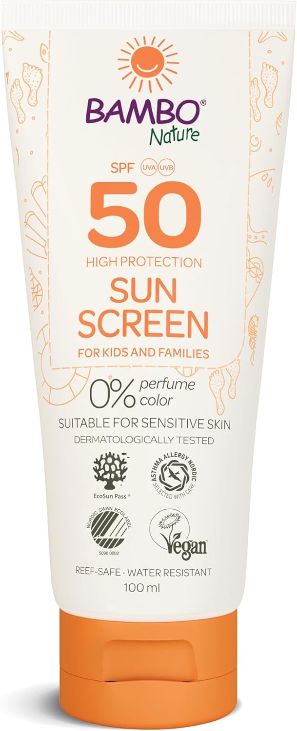 كريم الشمس بامبو ناتشر 100 مل عامل 50 كريم شمس للأطفال مقاوم للماء كريم شمس SPF 50 مستلزمات العطلات للأطفال مختبر جلدياً خالي من الألوان والعطور