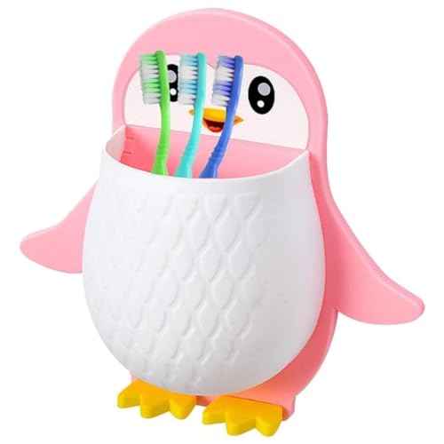 FOMQUAZLI Penguins Shape Toothbrush Holder Plastic Stand for Toothpaste, Comb, Brush, Cream, Lotion Kids Bathroom Cup Drain Waterproof Self-Adhesive - Image 1