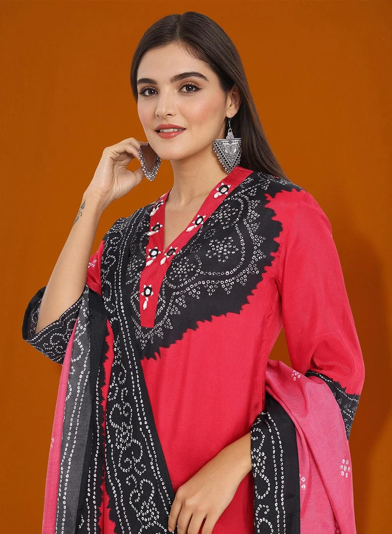 آي شين Women Red Muslin Kurta Sets 3Pcs Sets