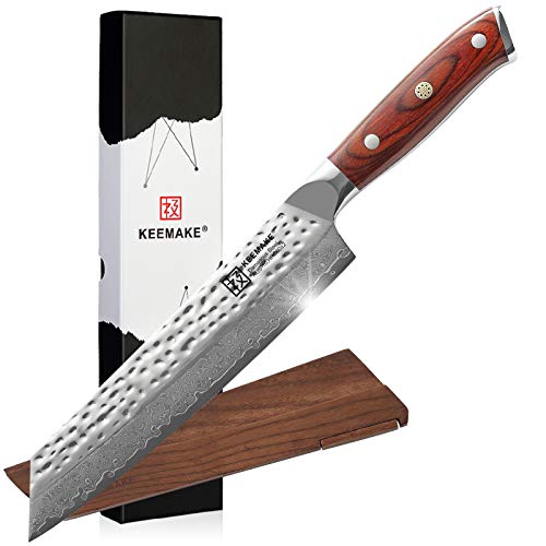 KEEMAKE Damascus Chef Knife 8 inch  Kiritsuke knife with Hammered Damascus Steel Blade Kitchen Knives Pakkawood Handle Chopping Knife for Meat Cutting wWalnut Sheath
