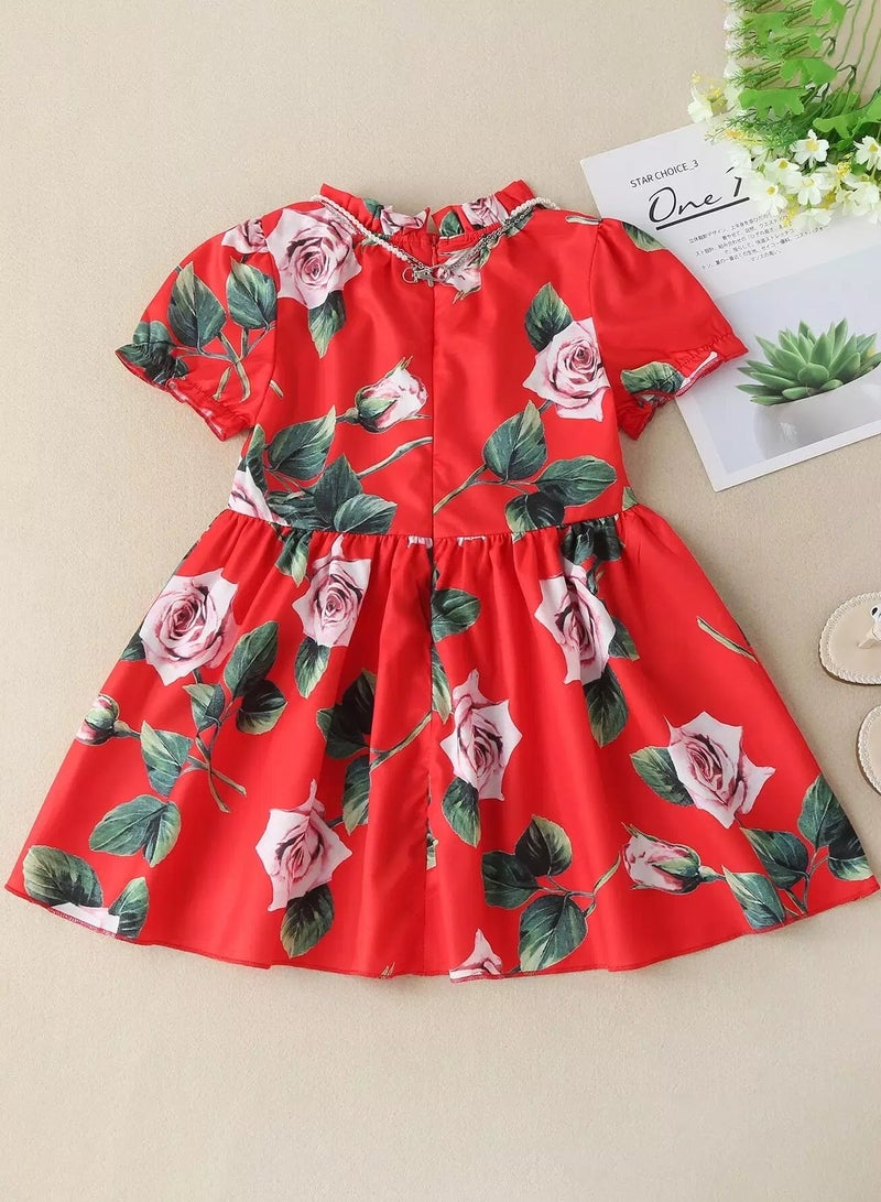 Toddler Girls Floral Puff Sleeve Babydoll Dress With Pearls Necklace - Image 2