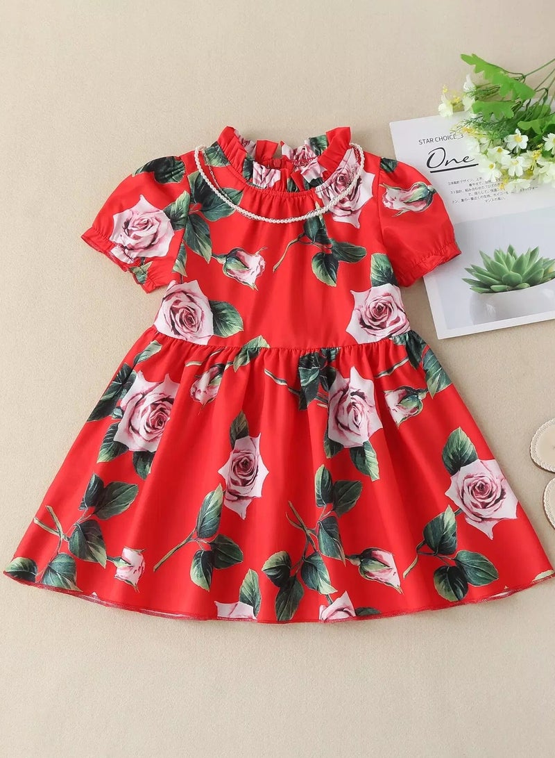 Toddler Girls Floral Puff Sleeve Babydoll Dress With Pearls Necklace - Image 1