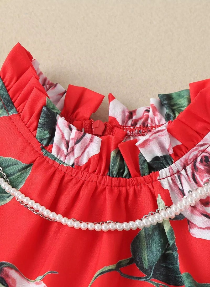 Toddler Girls Floral Puff Sleeve Babydoll Dress With Pearls Necklace - Image 3