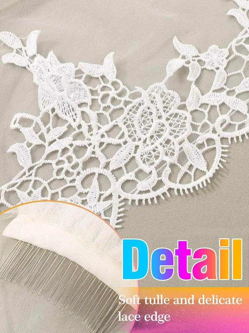 Aukmla Bride Wedding Veil Long Lace Bridal Veils 1 Tier Tulle Hair Accessories with Comb (Ivory) - Image 3