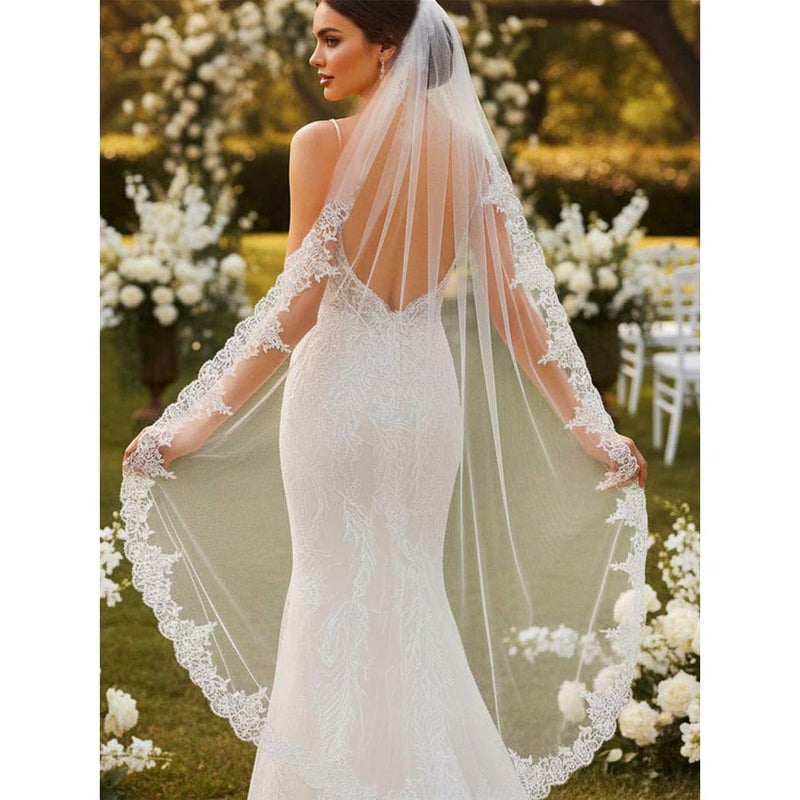 Aukmla Bride Wedding Veil Long Lace Bridal Veils 1 Tier Tulle Hair Accessories with Comb (Ivory) - Image 1