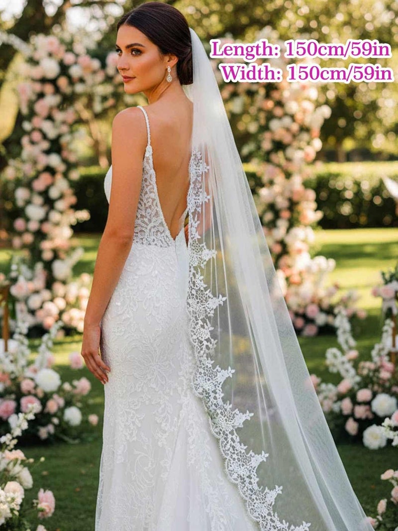 Aukmla Bride Wedding Veil Long Lace Bridal Veils 1 Tier Tulle Hair Accessories with Comb (Ivory) - Image 4
