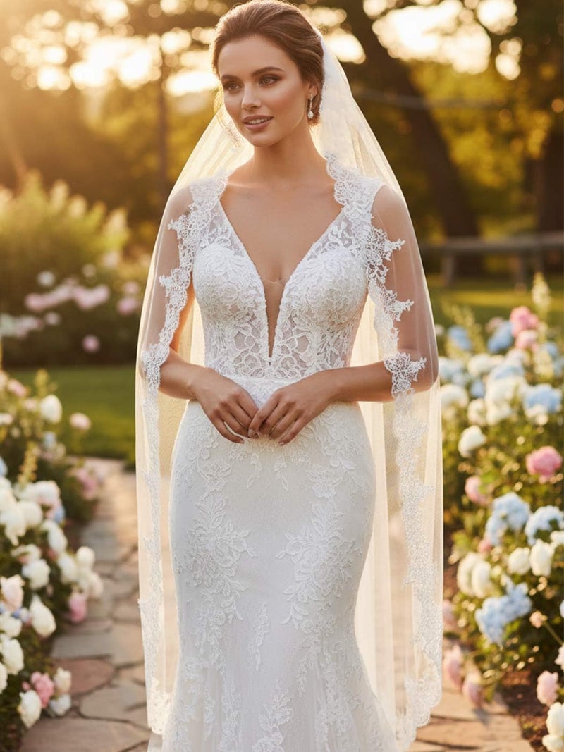 Aukmla Bride Wedding Veil Long Lace Bridal Veils 1 Tier Tulle Hair Accessories with Comb (Ivory) - Image 2