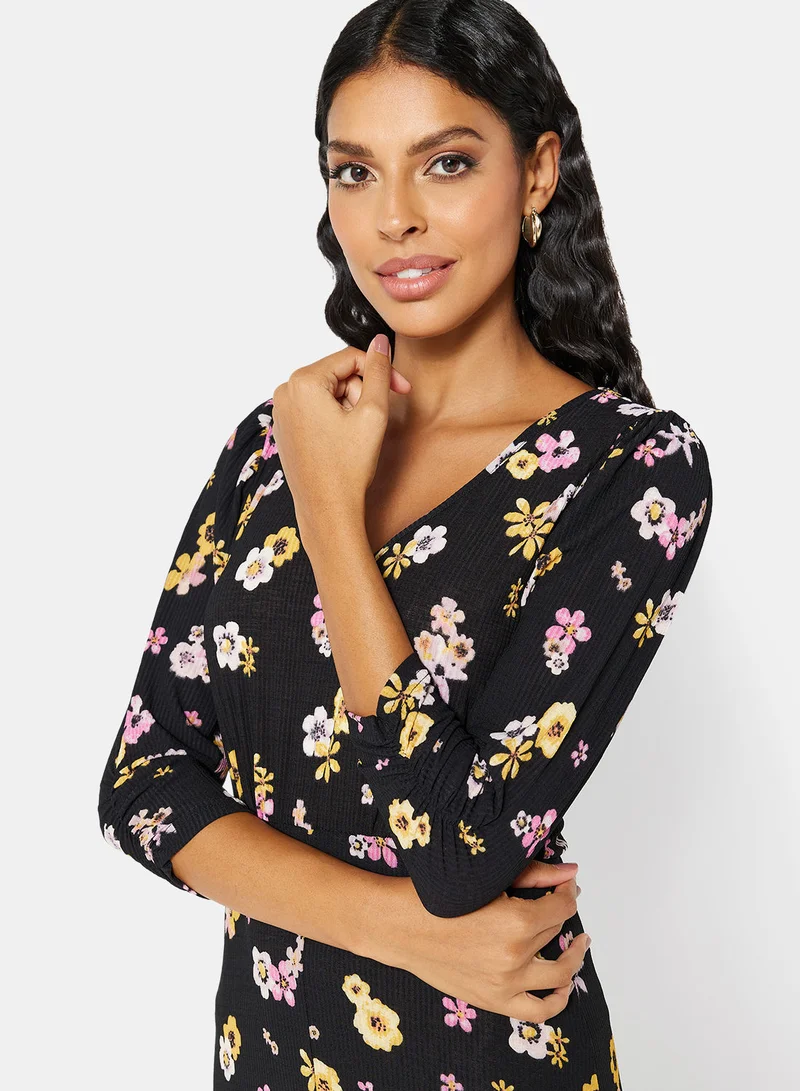 Jacqueline de Yong Ribbed Floral Midi Dress