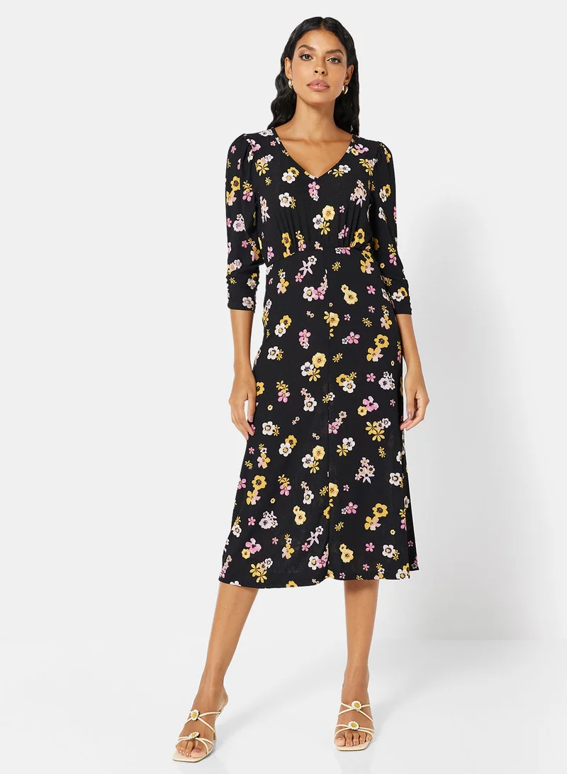 جاكلين دي يونج Ribbed Floral Midi Dress