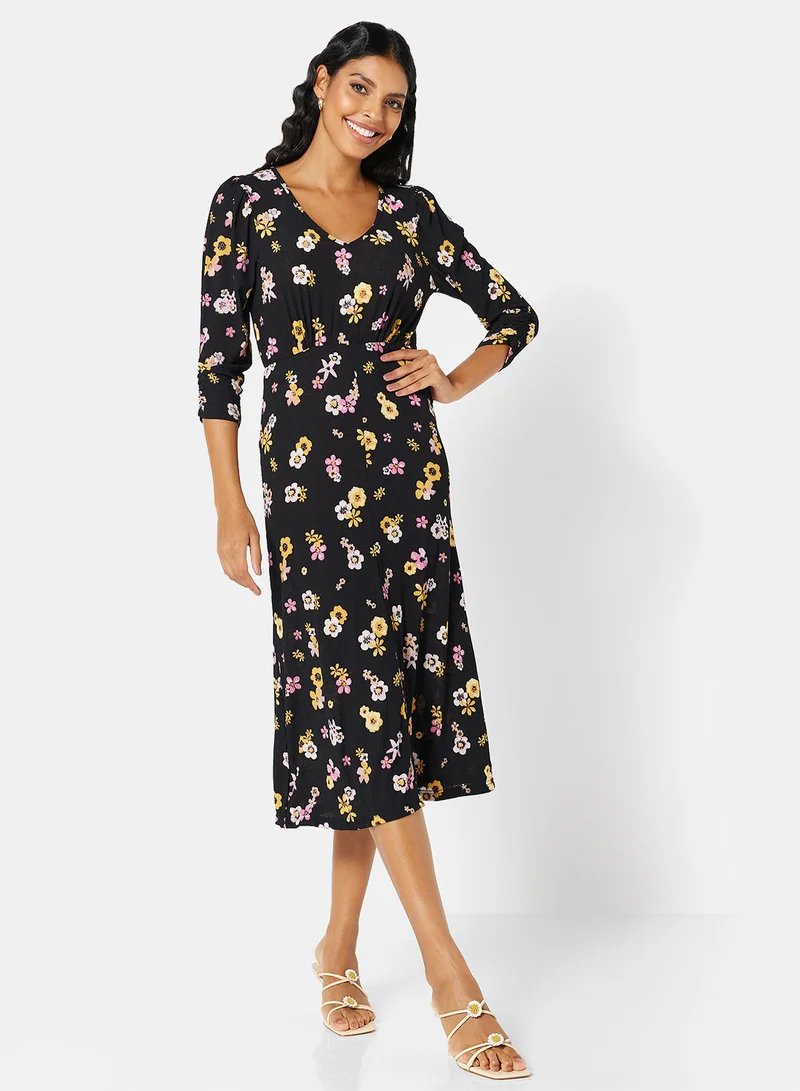 Jacqueline de Yong Ribbed Floral Midi Dress