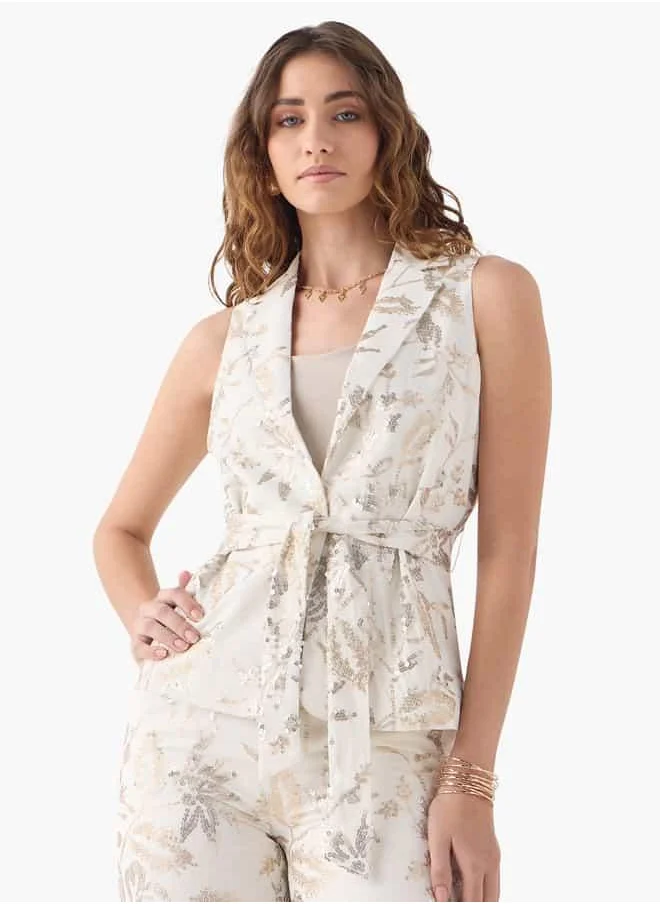 Iconic Iconic All-Over Embellished Sleeveless Jacket with Tie-Up Belt