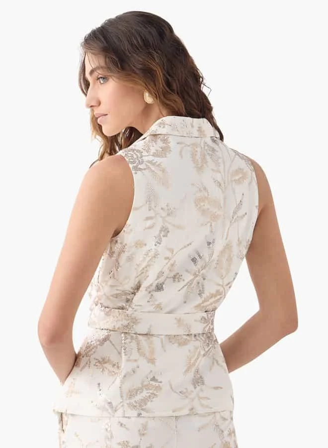 Iconic Iconic All-Over Embellished Sleeveless Jacket with Tie-Up Belt