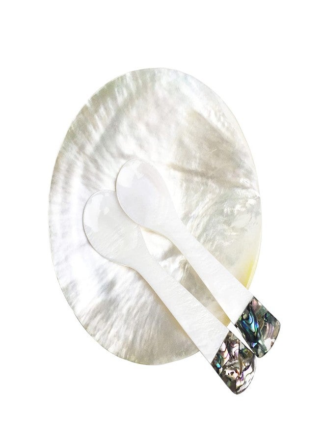 DUEBEL MOP Caviar Server Set, Plate Plus Set of 2 Mother of Pearl Caviar Spoons with Green Abalone 3.5” Decoration for Caviar, Appetizer, Dessert, Egg, Icecream - Image 1