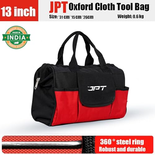 JPT 13-Inch Heavy Duty Tool Bag, Wide Mouth Tool Storage Bag with Interior Pockets, Large Capacity Tool Tote Bag for Electricians, Power Tools Organizer Red/Black - Image 5