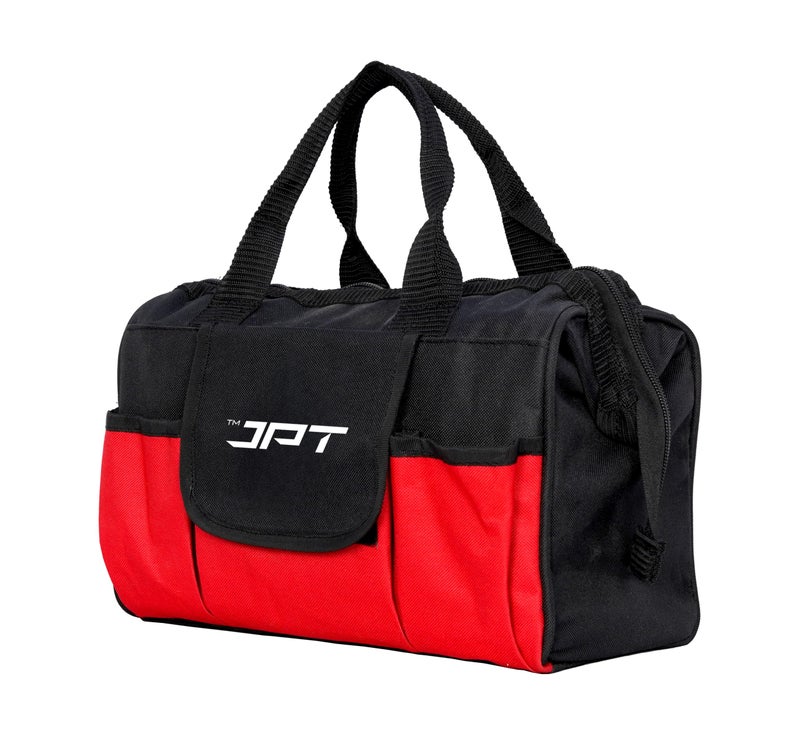 JPT 13-Inch Heavy Duty Tool Bag, Wide Mouth Tool Storage Bag with Interior Pockets, Large Capacity Tool Tote Bag for Electricians, Power Tools Organizer Red/Black - Image 1