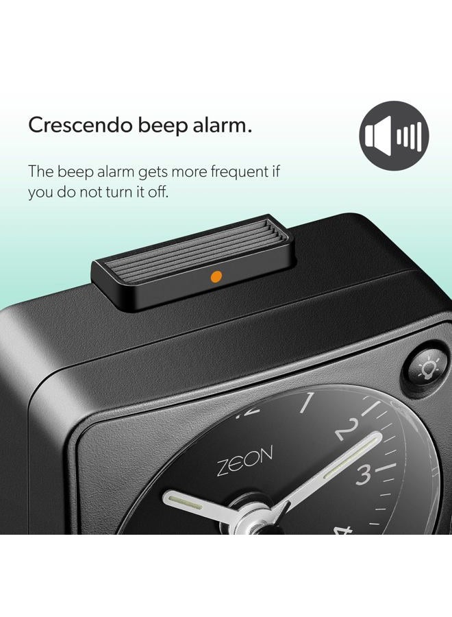 ZEON Travel Analogue Alarm Clock with Light and Snooze Function, Silent Non-Tick Bedside Battery Powered Alarm Clock in Black, CE4549 - Image 2