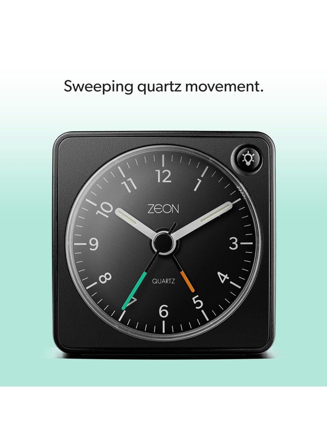ZEON Travel Analogue Alarm Clock with Light and Snooze Function, Silent Non-Tick Bedside Battery Powered Alarm Clock in Black, CE4549 - Image 5