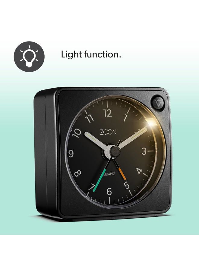 ZEON Travel Analogue Alarm Clock with Light and Snooze Function, Silent Non-Tick Bedside Battery Powered Alarm Clock in Black, CE4549 - Image 4