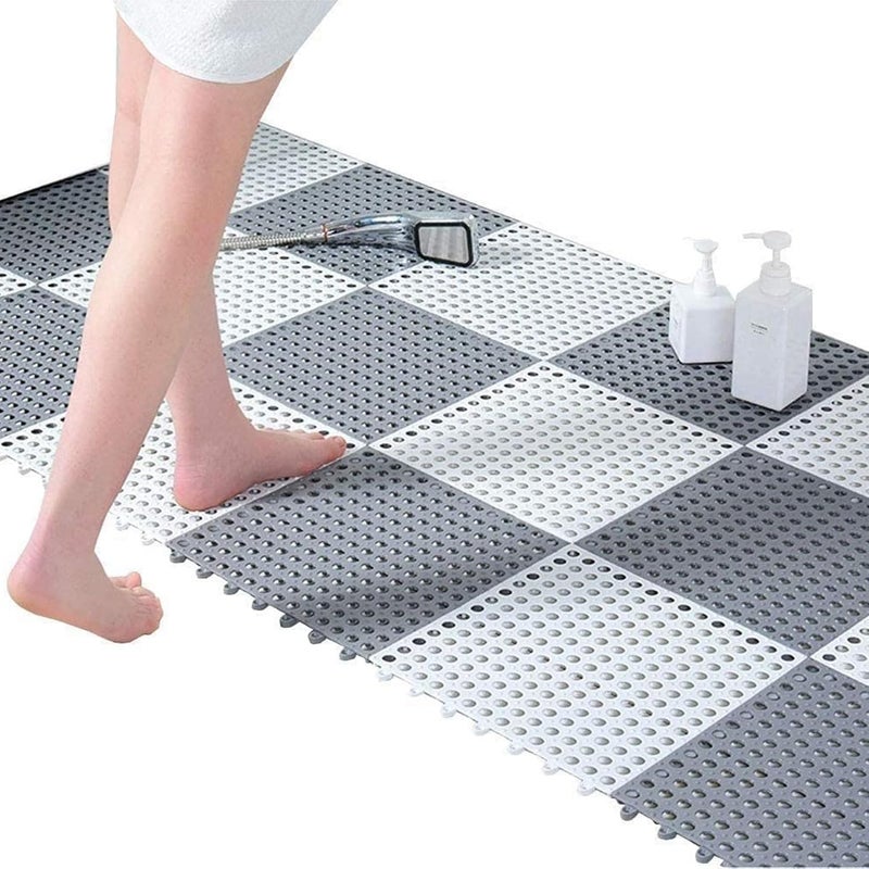 MEZON Bath Floor Mats NonSlip Rubber DIY Free Combination Interlocking Mesh Drainage Pad for Bathroom Pool Balcony Patio Yard Areas White Grey 6 PCs - Image 1