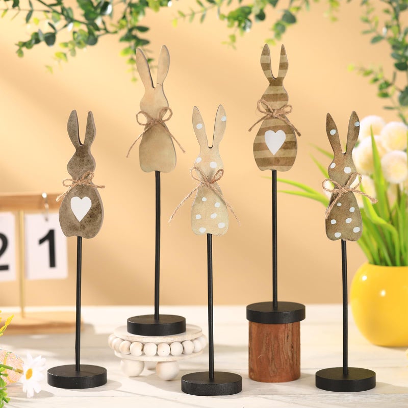 Seeloowy 5 Pieces Easter Table Decorations Wooden Bunny Table Sign Vintage Rabbit Tall Standing Tabletop Decor Rustic Easter Block Centerpiece for Spring Party Farmhouse Freestanding Home Office - Image 2