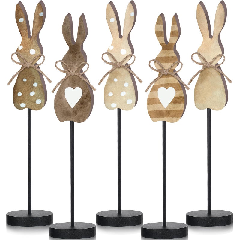 Seeloowy 5 Pieces Easter Table Decorations Wooden Bunny Table Sign Vintage Rabbit Tall Standing Tabletop Decor Rustic Easter Block Centerpiece for Spring Party Farmhouse Freestanding Home Office - Image 1