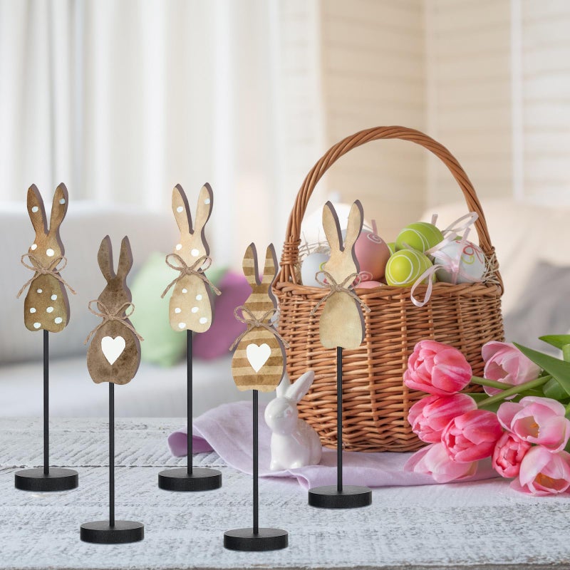 Seeloowy 5 Pieces Easter Table Decorations Wooden Bunny Table Sign Vintage Rabbit Tall Standing Tabletop Decor Rustic Easter Block Centerpiece for Spring Party Farmhouse Freestanding Home Office - Image 5