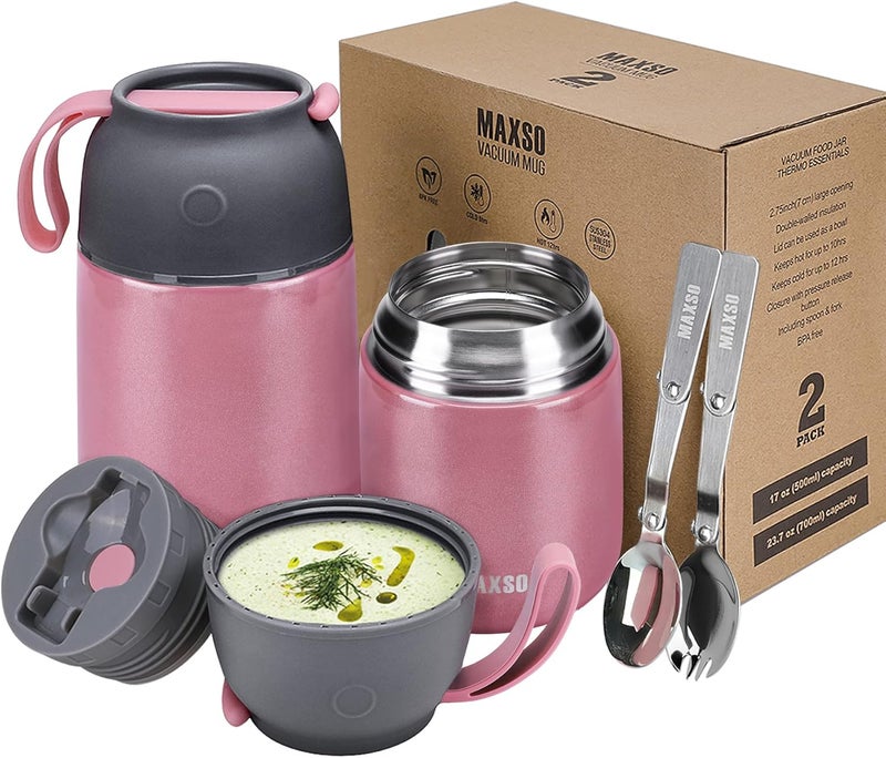 Max&So 2 Pack Soup Thermo for Hot & Cold Food for Kids Adults, Vacuum Insulated Food Jar Thermal Lunch Containers, Travel Food Flask with Spoon (24 oz,17 oz) (Pink) - Image 1