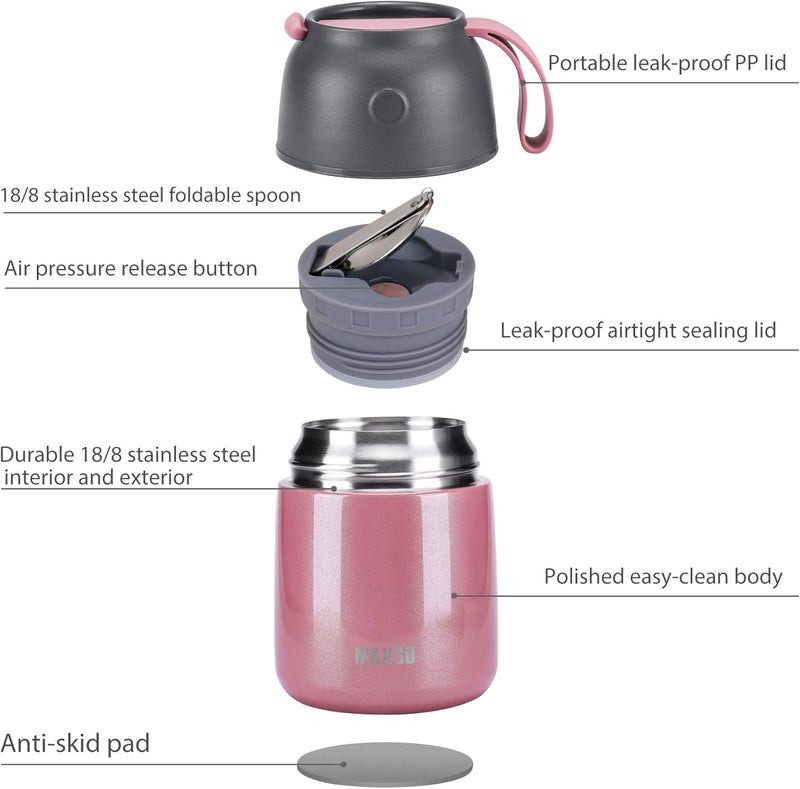 Max&So 2 Pack Soup Thermo for Hot & Cold Food for Kids Adults, Vacuum Insulated Food Jar Thermal Lunch Containers, Travel Food Flask with Spoon (24 oz,17 oz) (Pink) - Image 3