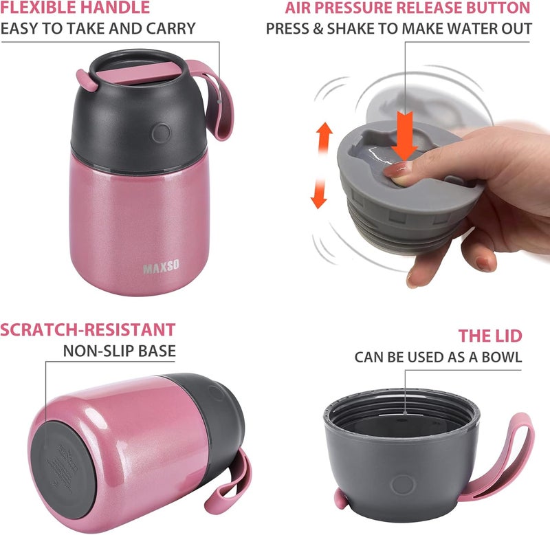 Max&So 2 Pack Soup Thermo for Hot & Cold Food for Kids Adults, Vacuum Insulated Food Jar Thermal Lunch Containers, Travel Food Flask with Spoon (24 oz,17 oz) (Pink) - Image 4
