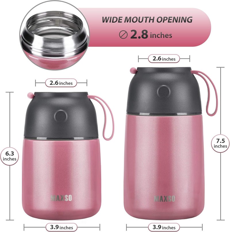 Max&So 2 Pack Soup Thermo for Hot & Cold Food for Kids Adults, Vacuum Insulated Food Jar Thermal Lunch Containers, Travel Food Flask with Spoon (24 oz,17 oz) (Pink) - Image 5