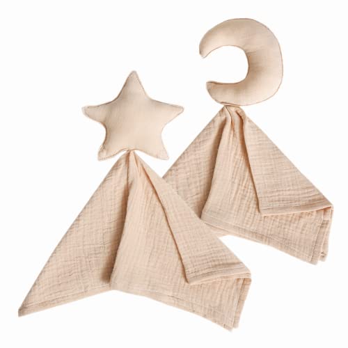 insular Baby Lovey Blanket for Boys and Girls Organic Cotton Muslin Security Blanket for Babies Soft Breathable Lovie Soothing Towel for Newborn and Infant StarMoon Khaki - Image 1
