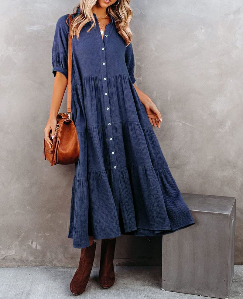 R.Vivimos Women's Summer Cotton Half Sleeves Button Down Casual Loose Slit Midi Dress with Pockets (Large, NavyBlue) - Image 3