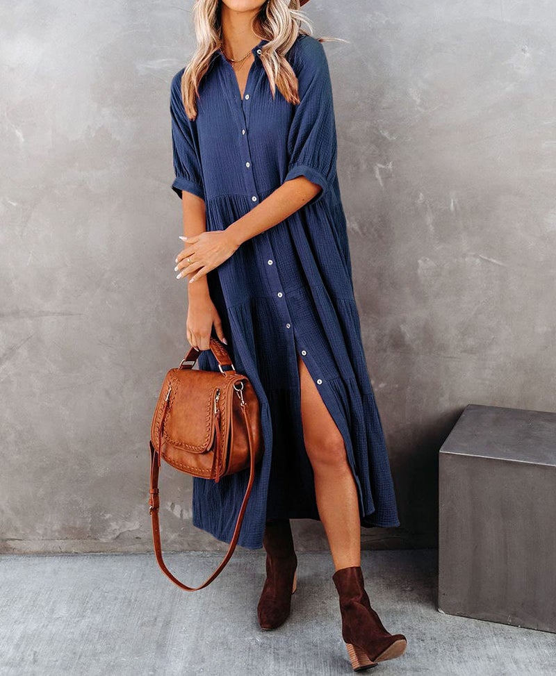 R.Vivimos Women's Summer Cotton Half Sleeves Button Down Casual Loose Slit Midi Dress with Pockets (Large, NavyBlue) - Image 4