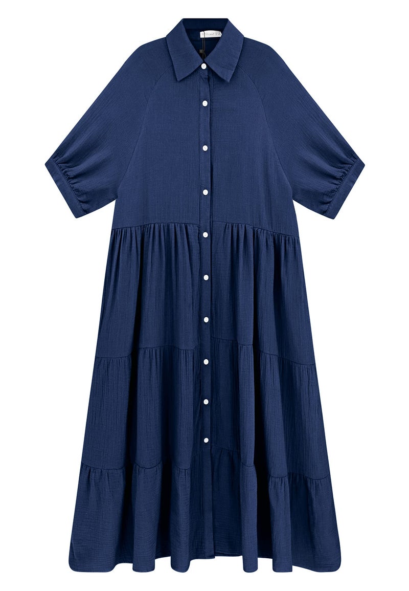 R.Vivimos Women's Summer Cotton Half Sleeves Button Down Casual Loose Slit Midi Dress with Pockets (Large, NavyBlue) - Image 5