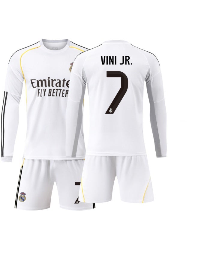 ريال مدريد 2025-2026 ريال مدريد المنزل لكرة القدم موحدة # 7 فيني جونيور بأكمام طويلة لكرة القدم جيرسي السراويل دعوى حجم الأطفال والكبار حجم الهدايا للجماهير والأصدقاء - Image 1