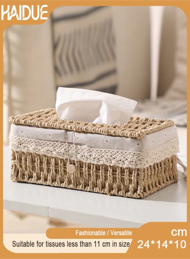 Haidue Rectangular Woven Tissue Box Cover Decorative Seagrass Wicker Tissue Box Holder Rustic Facial Tissue Case for Bathroom Vanity Toilet Dresser Table Countertop Office Car - Image 1